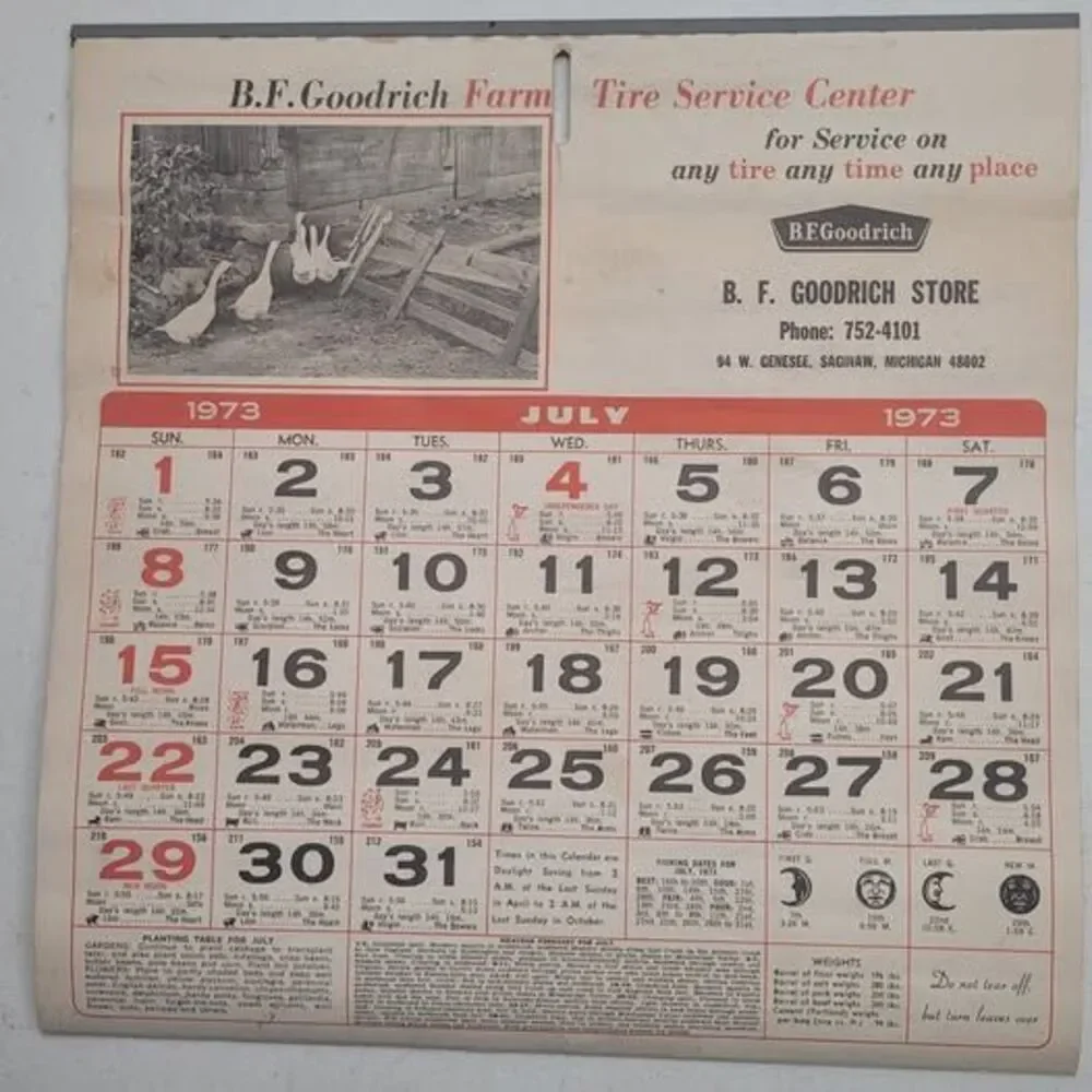 Vintage 1973 B.F. Goodrich Farm Tire Service Center Almanac Calendar